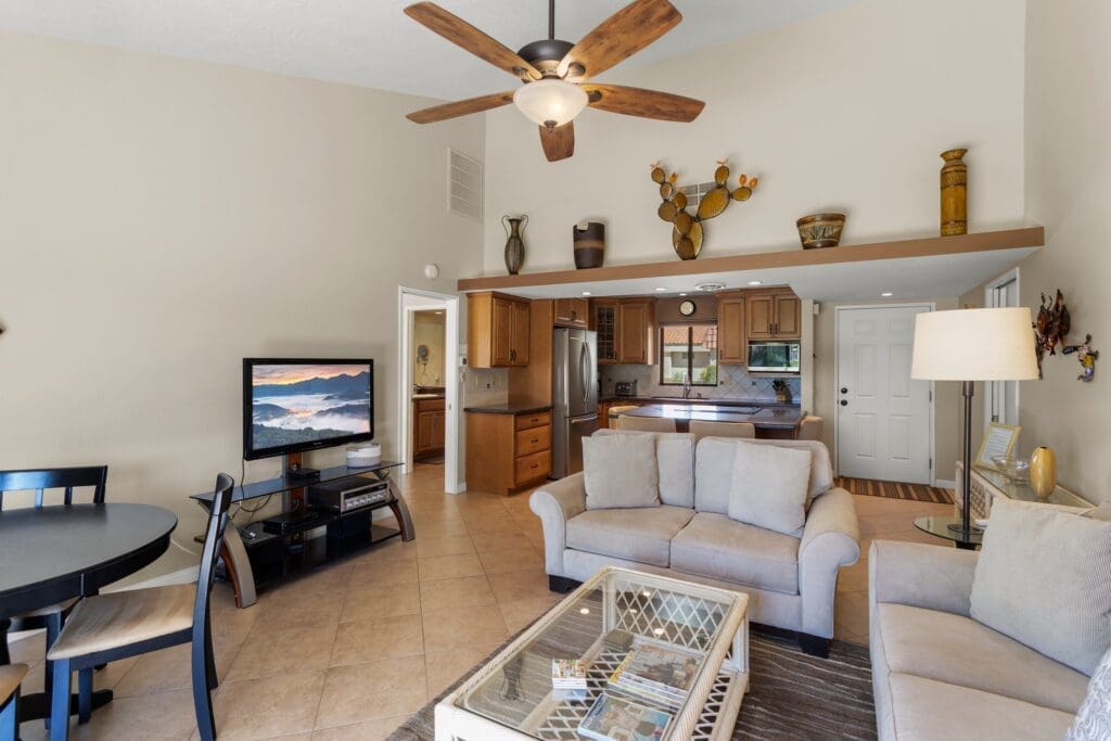Living room area overlooking kitchen and bathroom at 40386 Pebble Beach