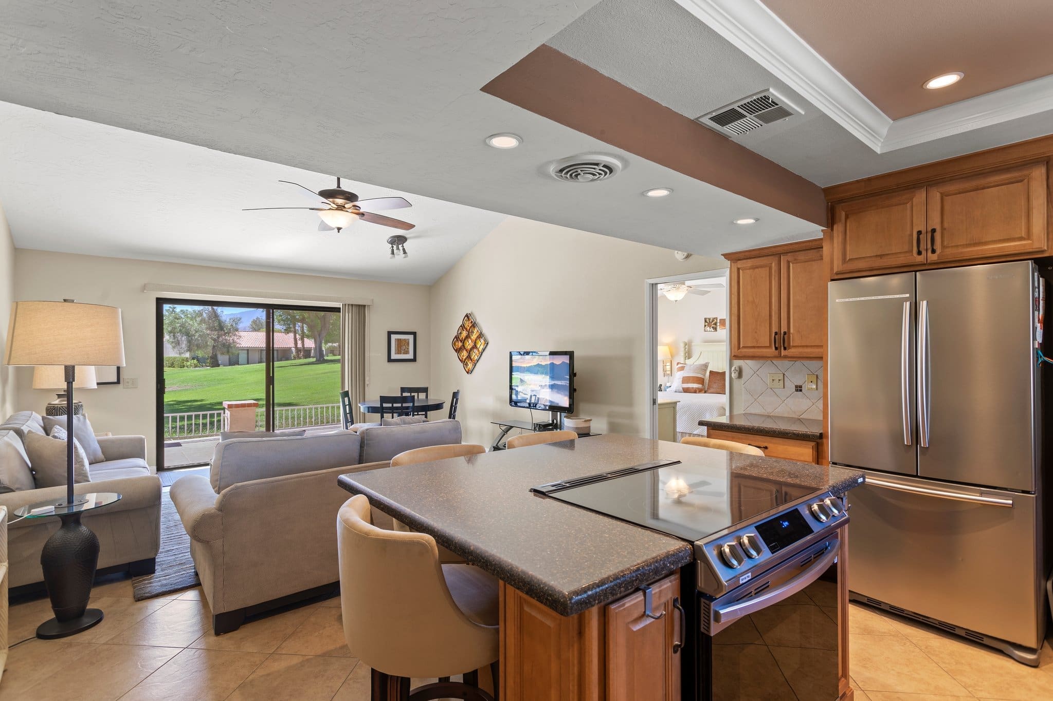 View from kitchen overlooking living area and master bedroom at 40386 Pebble Beach
