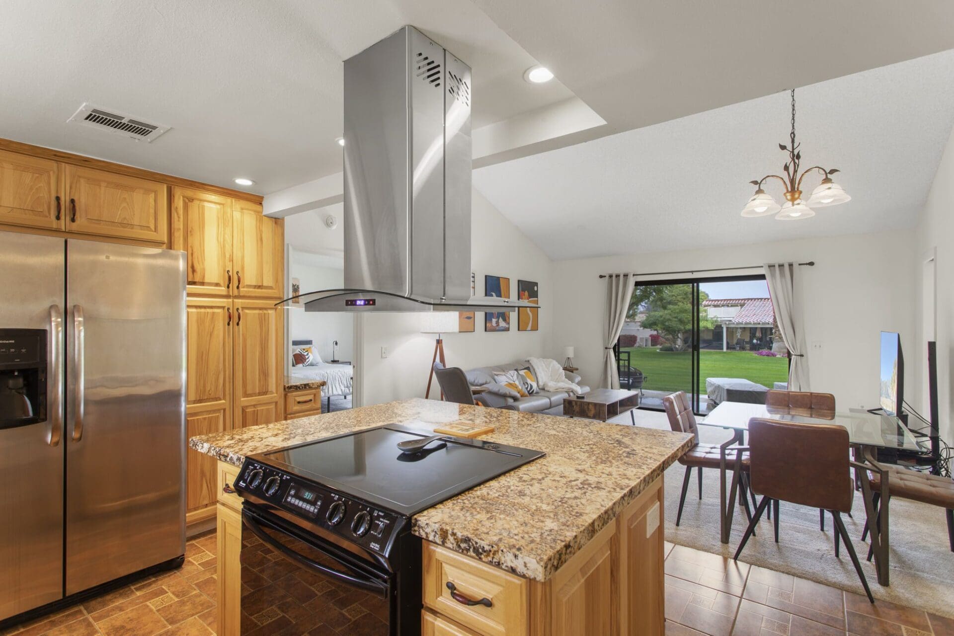 living room view behind stove from right
