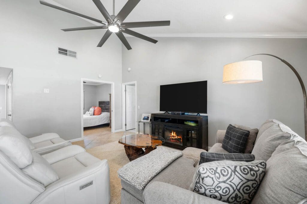 living room with view to master bedroom
