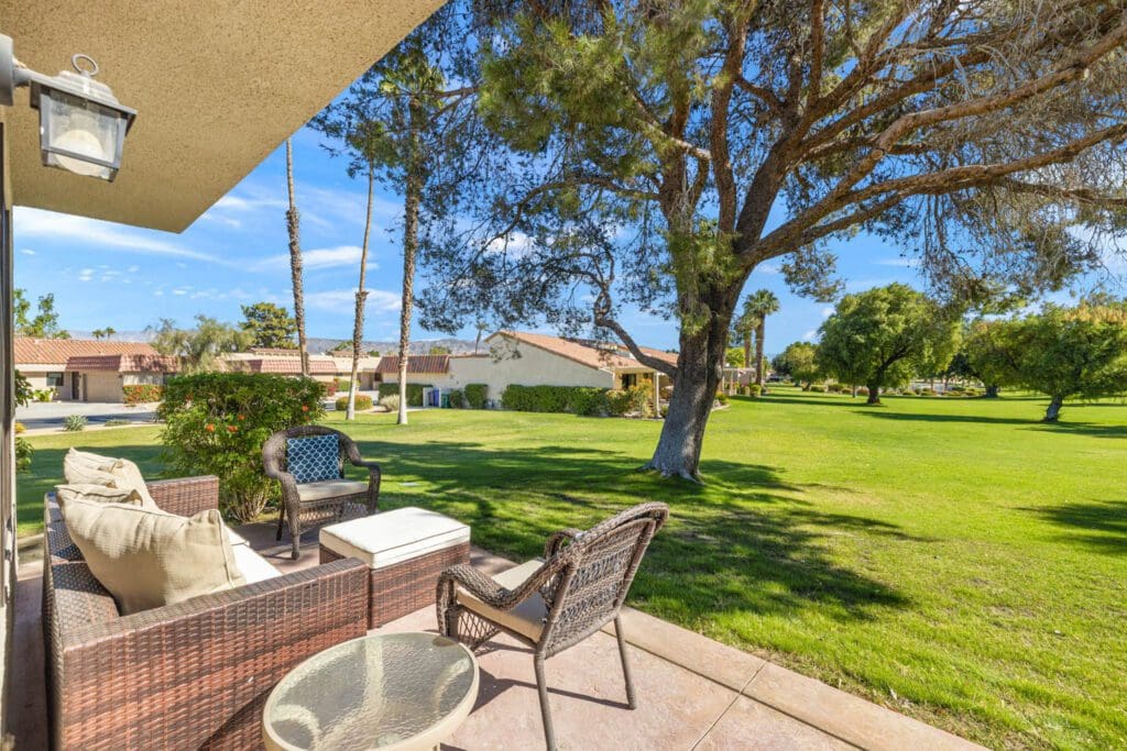 view of green from patio