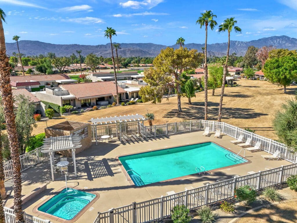 pool and mountain range