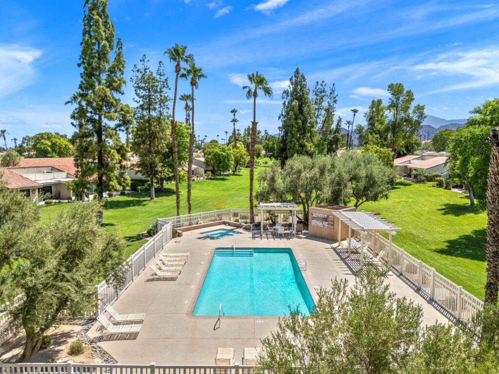 front aerial view of pool