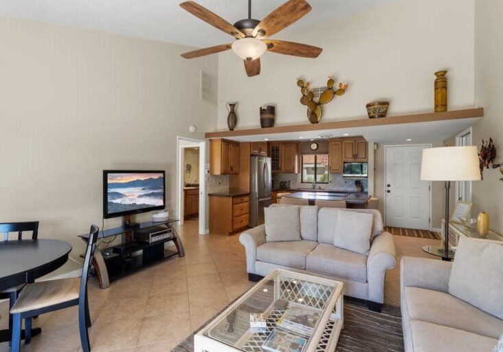 Living room area overlooking kitchen and bathroom at 40386 Pebble Beach